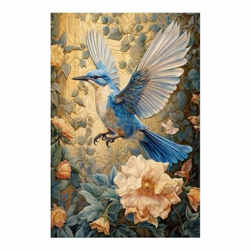 Poster animaux peinture bleu vintage de vol oiseau sur fond floral pour salon 70x100cm