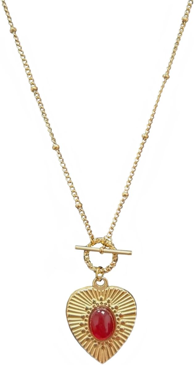 Retro Vintage Radial Pattern Love Heart Red Agate OT Buckle Necklace Women's Easy-Matching Casual Necklace
