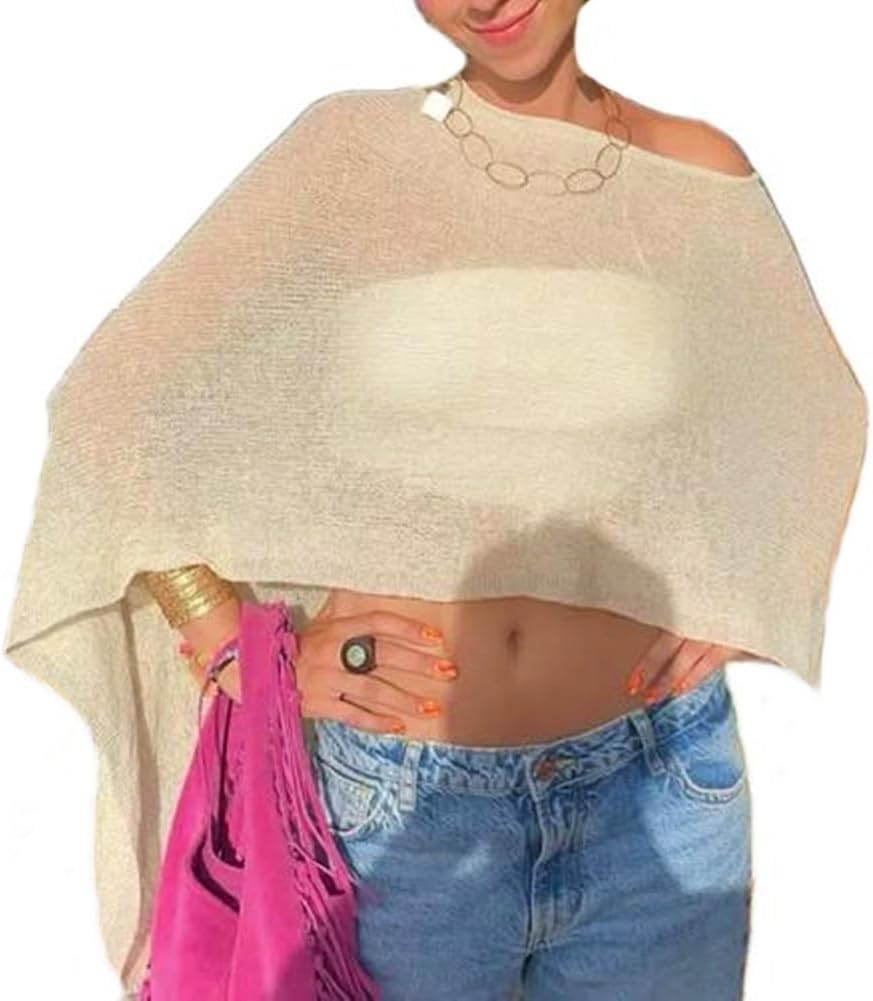 Women Sheer Poncho Top Knit Crochet Lightweight See Through Shawl Summer Shrug Beach Cover Up