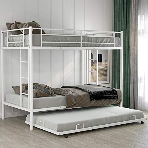 JUSNOVA Twin Over Twin Bunk Bed with Trundle,Metal Bunk Bed Modern Style Steel Frame with Safety Rail,Built-in Ladder,No Box Spring Need,Bunk Bed for Kids,Easy Assemble Heavy Duty Bed Frame,White