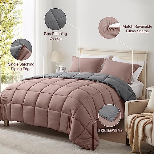 Satisomnia Lightweight Pink, All Season Down Alternative Bed Comforter Sets With 2 Pillow Shams, 3 Pieces Comforters Set Ultra Soft Reversible, Pink And Grey Queen Size #TOP2