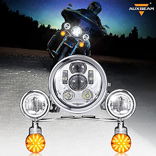 Auxbeam 5.75 LED Motorcycle Headlight Kit w/Fog Passing Lights Replacement for Harley Davidson Suzuki Kawasaki Yamaha Metric Cruisers, 5-3/4 inch LED Headlight Kit for Honda Full Plating Housing
