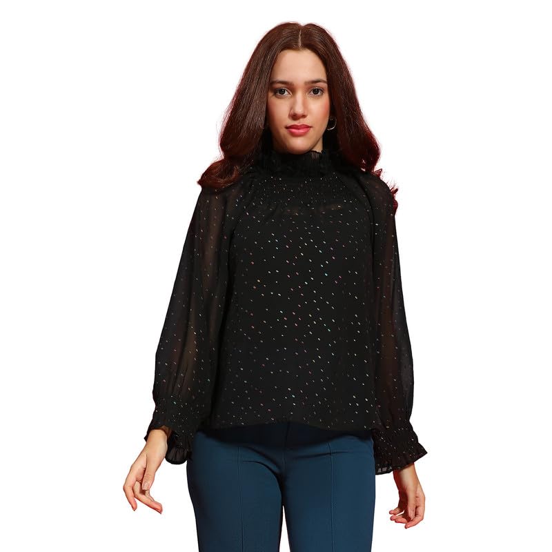 Image of oxolloxo Women Round High Neck Long Sleeve Semi Sheer Top
