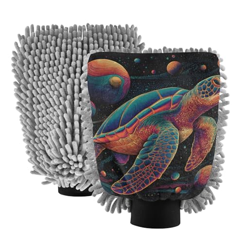 ALAZA Sea Turtle with Planets Car Wash Mitt Scratch Free, 2 Pack Absorbent Microfiber/Chenille Washing & Drying Mitts, M