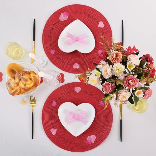 Feuille Round Valentines Placemats Set of 4 13.5 Inch Red Heart Placemats for Round Tables Valentines Day Placemats Perfect for Anniversary Decorations by Feuille - Used condition - Image 4