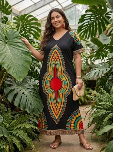 Image of Plus Size Maxi Dress for Women Short Sleeve V Neck Casual Loose Sundress with Pockets