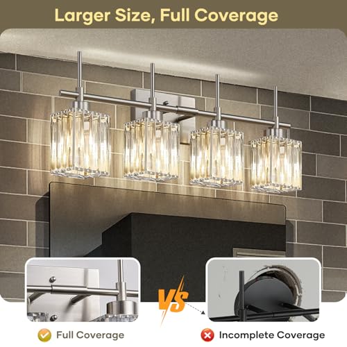 Image of Torondo Modern Crystal Bathroom Vanity Light 4-Light Brushed Nickel Bathroom Light Fixtures Over Mirror Vanity Lighting Fixtures Square Shade Wall Sconce (Bulbs Not Include)