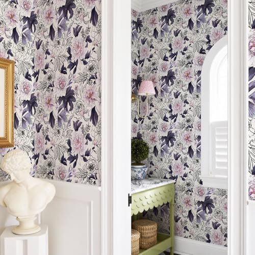 JiffDiff Peel and Stick Wallpaper Floral Wallpaper Watercolor Flower Wallpaper for Bedroom Stick on Wallpaper Bathroom (118.11" x 17.7", Purple)
