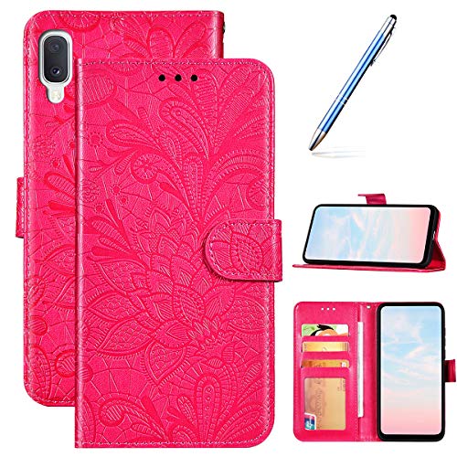 Robinsoni Case Compatible with Samsung Galaxy A20 Phone Case Wallet Galaxy A30 Leather Phone Cover Shockproof Kickstand Case Notebook Cover Flip Stand Book Case Heavy Duty Case Lace Flower Rose Red