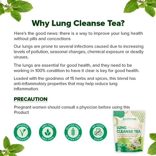 Image of Rootcare Organics Mullein Tea For Lung Detox Cleanse | Ayurvedic Herbal Tea infused with 13 herbs | Boosts Respiratory Health & Clears Tar | Smokers Tea | Pack Of 1 Month | 100g