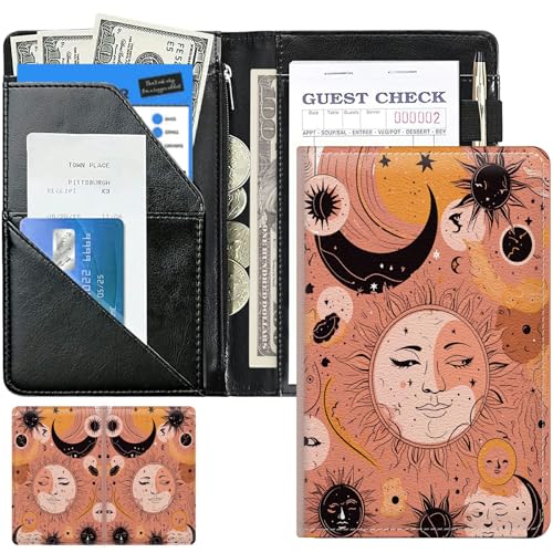 Sun Moon and Stars Cute Server Books for Waitress, Leather Waiter Book Server Wallet with Zipper Money Pocket, 5 * 8 Waitress Ticket Book Holder Restaurant Waitstaff Organizer with Pen Holder Fit