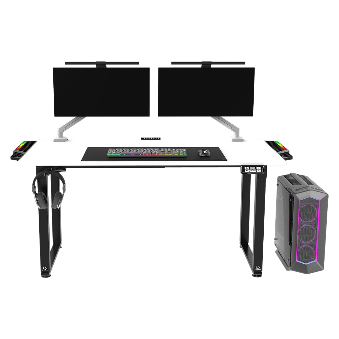 ULTRADESK Uplift V2 Computertisch Gaming Tisch Schreibtisch, Stahlkonstruktion, Platz für DREI Monitore, Elektrische Höheneinstellung, mit RGB-LED, Inklusive Zubehör, 176 x 75 cm, Weiß