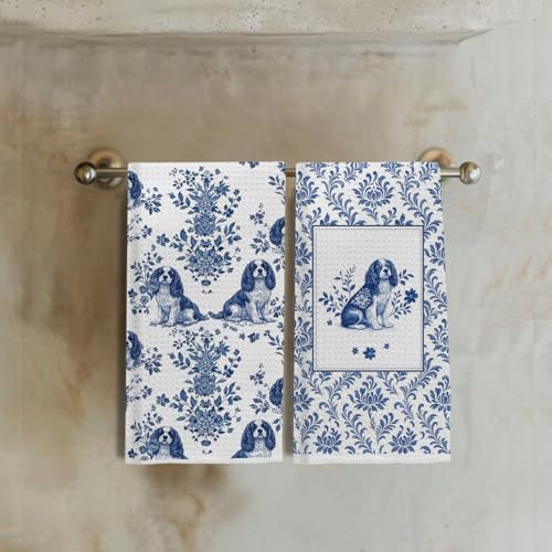 Image of Chinoiserie Cavalier King Charles Kitchen & Hand Towels Set of 2, Blue and White Floral Dog Dish & Tea Towels for Kitchen Bathroom Decor, Vintage Toile Dog Lover Gifts for Women 16x24 Inch