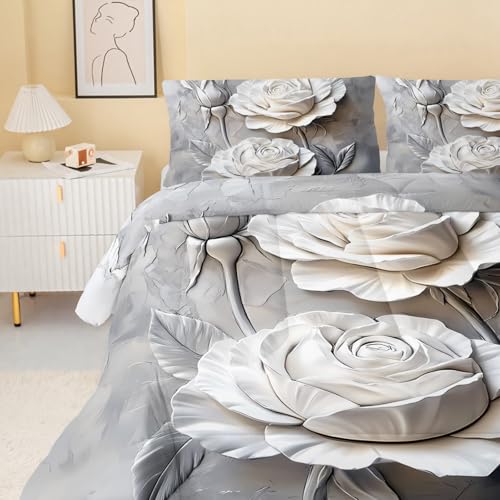 Image of QOOMO Flowers Comforter Set, Twin Size, Gray | Cartoon Plants Bedding, Microfiber Lightweight, 1 Comforter 2 Pillowcases