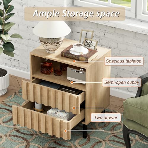 UEV Mid Century Modern Solid Wood Nightstand,2 Drawers End Table with Storage Space,Accent Wooden Strip Design Bedside Table for Bedroom, Living Room (Double) - Thumbnail 4