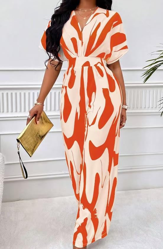 Image of PerZeal Women's V-Neck Short Sleeve Printed Jumpsuit with Pockets - Casual Wide Leg One-Piece Romper for Summer(S-XXL)