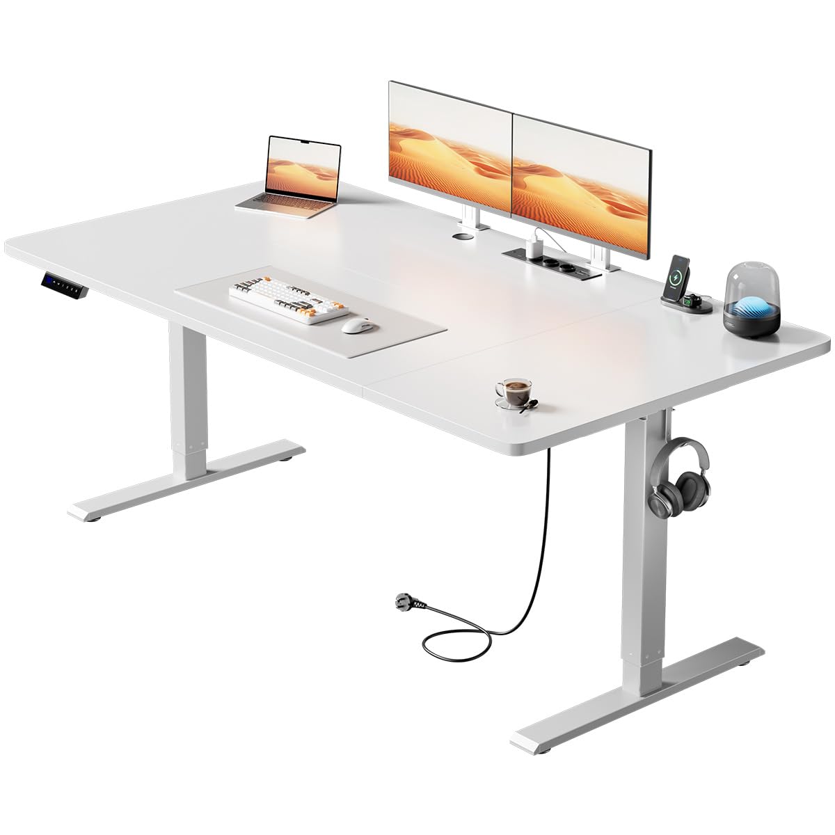 HLFURNIEU Escritorio Elevable Electrico 160 x 80 cm, Mesa Escritorio Elevable con Enchufes & Puertos USB, Mesa Regulable en Altura con 3 Control de Memoria, Standing Desk Blanco