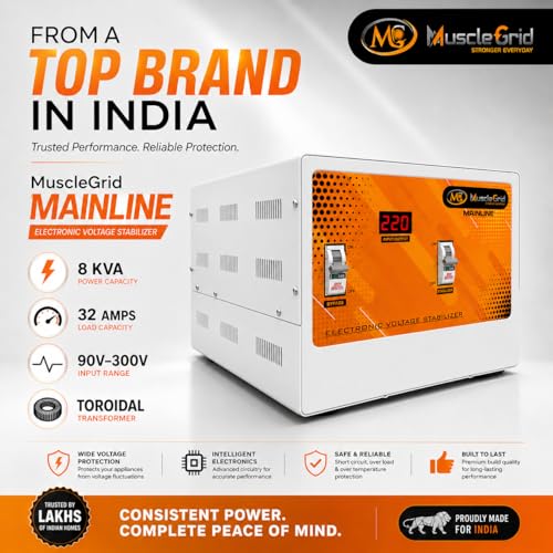 Image of MuscleGrid Mainline 8 KVA Electronic Voltage Stabilizer for Home, Office & Shop, 32 Amps Load, 90V-300V Input Range, Toroidal Transformer, 220V Output, Wall Mount & Floor Mount