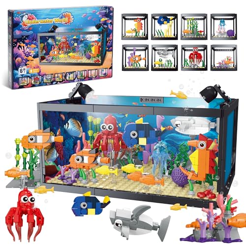 TectoStrux Pierre de construction d'aquarium 8 en 1 avec lumière LED, y compris méduses marines, poissons, jouets de construction d'animaux, cadeau d'anniversaire pour...