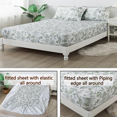 Image of FADFAY Sheets Set Full Vintage White and Green Floral Bedding Elegant Peony Sheets Set Shabby Rose Farmhouse Bedding 100% Egyptian Cotton 800 Thread Count Deep Pocket Fitted Sheet 4Pcs, Full Size
