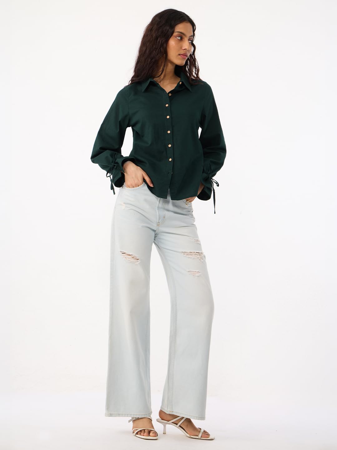 The Souled Store Myrtle - Camicia da donna e ragazza, a lunghezza intera, con colletto ampio, verde scuro, in cotone e lino, vestibilità regolare, traspirante, leggera, per tutte le stagioni, per