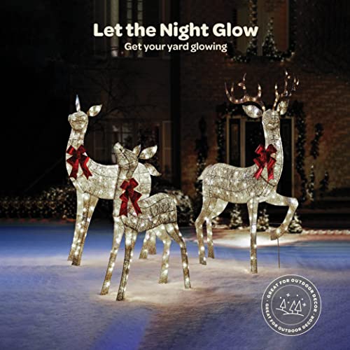 Impressive Reindeer Christmas Decoration Family [Set of 3] Large Lighted Christmas Deer Outdoor Decoration Display with 365 LED Lights all-weather (Buck/Doe/Fawn) With Red Bows/Tie-Down Stakes - White