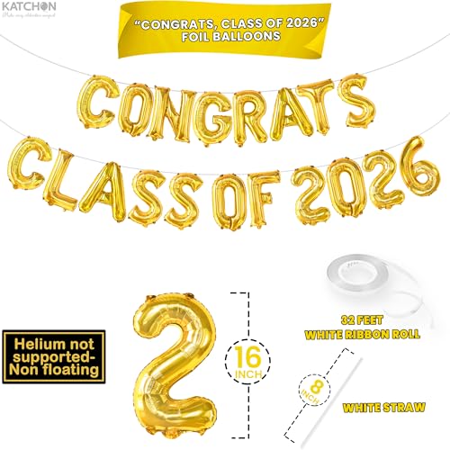 Image of KatchOn, Gold Congrats Class of 2026 Balloons - 16 Inch | Graduation Foil Balloon Banner for Graduation Decorations 2026 | 2026 Graduation Balloons for Graduation Party Decorations