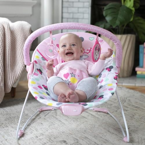 Bright Starts, Disney Baby, Minnie Mouse Spotty Dotty, Babywippe Babyschaukel mit Vibrationen, maschinenwaschbarem Sitzpolster, rutschfesten Füßen, 2 Hängespielzeugen, 0-6 monate