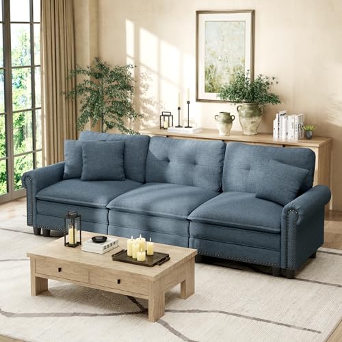 Image of HERA'S HOUSE 103.1 inch Modular Sectional Couch for Living Room Deep Seats | Mid-Century Modern 3-Seater Cloud Sofa, Cyan, Rolled Arms & Nailhead Trim, Wider & Deeper Seats, Soft Linen