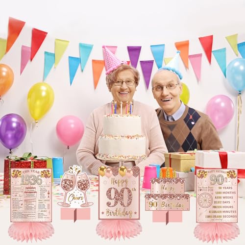 Image of Zirtorei 90th Birthday Decorations for Women, Pink Rose Gold The Year 1936 Happy 90th Birthday Table Honeycomb Centerpieces Party Supplies, 5pcs 90 Year Old Bday Table Toppers Decor