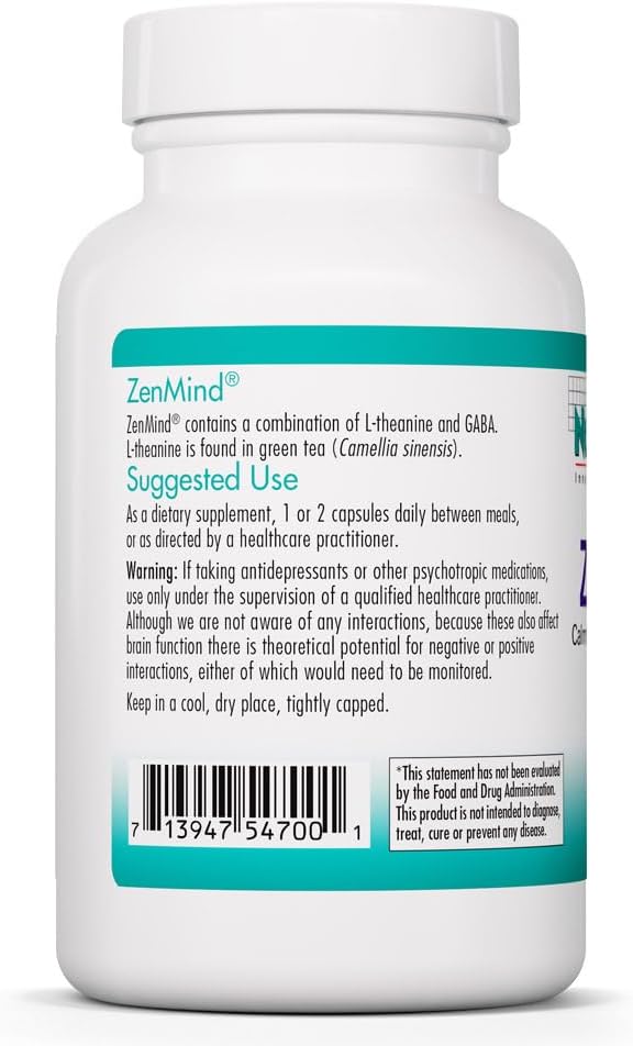 Allergy Research Group Nutricology ZenMind Supplement - Calmness Support, Day or Night, GABA, L-Theanine, Hypoallergenic, Vegetarian Capsules - 60 Count