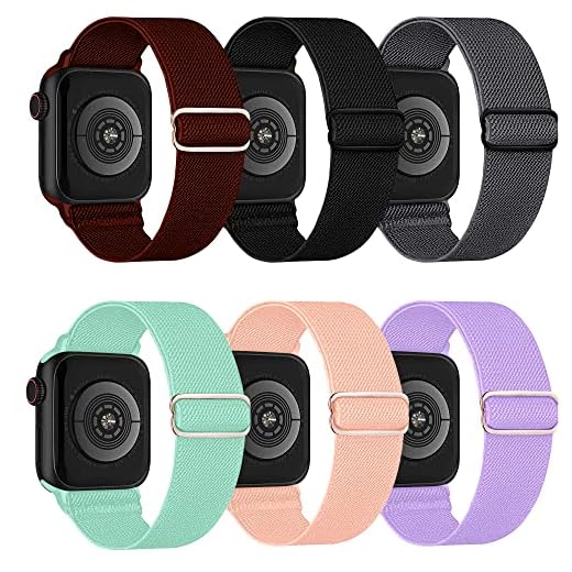 Lugege Stretchy Bands Compatible con Apple Watch Band 42mm 44mm 45mm, Ajustable trenzado de nylon elástico mujeres hombres correas para iWatch Series7/6/5/4/3/2/1/SE, 6 Packs