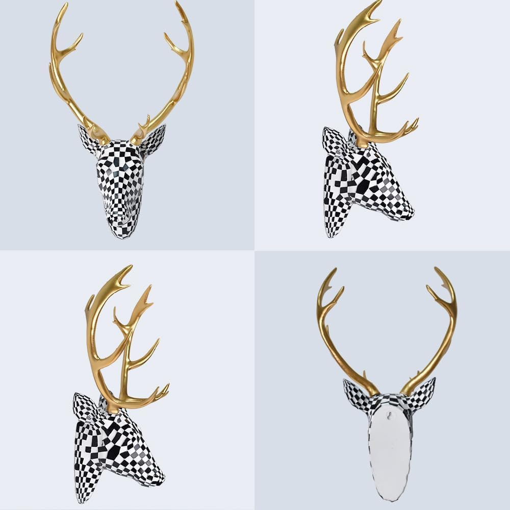 GIGICICI 15.7x8.7-Inch Mosaic Deer Head Wall Decor, Artistic Faux Resin Animal Head Wall Sculptures Decor Hanging Decoration for Living Room Bedroom Kitchen Gift, Black-White