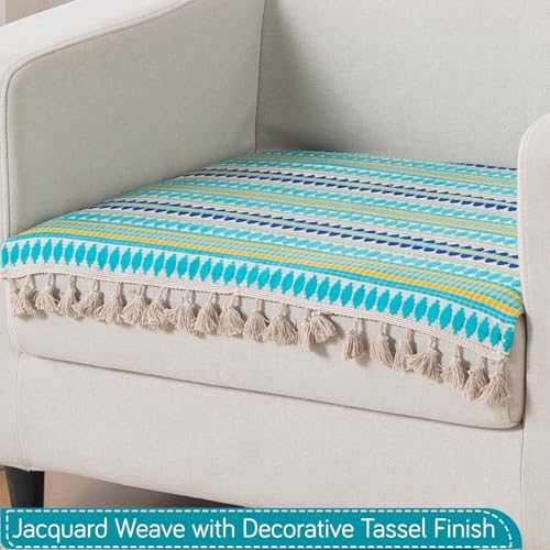 Image of HOKIPO 'Artisan Boho Series' Sofa Cover Mat with Tassel for 1 Seater Sofa | 450 GSM Thick Cotton Acrylic Jacquard Fabric, Aqua Blue (IN-901-A4*S)