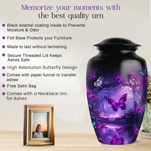 Image of Funeral Cremation Purple Butterfly Urn Sets of 6 with 1 Large Butterfly Purple Urns for Human Ashes Adult Female & Male, 4 Small Purple Urn for Ashes for Women & 1 Pendant for Ashes