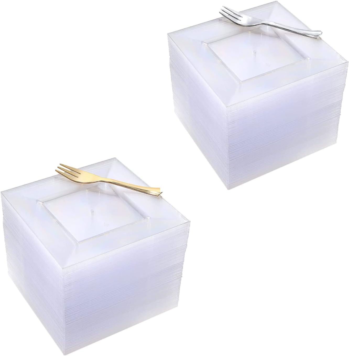 Supernal 100pcs Square Dessert Plates with 100pcs Gold Dessert Forks,Party Appetizer Plates, 6" Clear Dessert Plates and 5" Gold Forks,100pcs Clear Dessert Plates with 100pcs Silver Dessert Fork