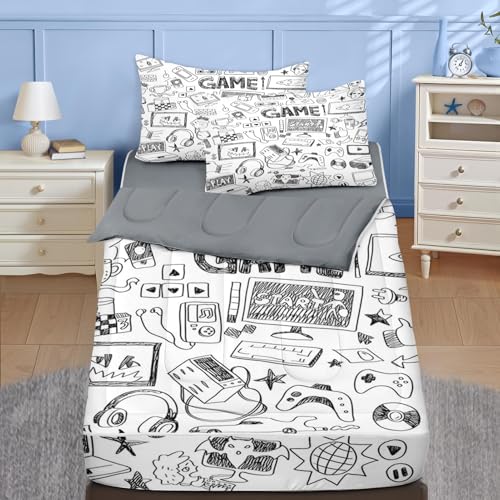 Nesker Twin Zipper Bedding Gaming Zipper Bedding Sets for Boys 3pcs All in on one Computer Games Doodles Gamer Kids Comforter Set with Fitted Sheet and 2 Pillowcases