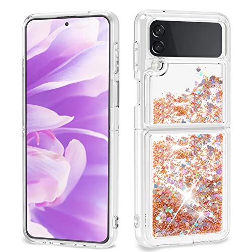 ANSHOW for Samsung Z Flip 3 Case Glitter, Shockproof Clear TPU Liquid Glitter Case, Bling Gold Glitters Case for Samsung Z Flip 3 for Women Protective Cover
