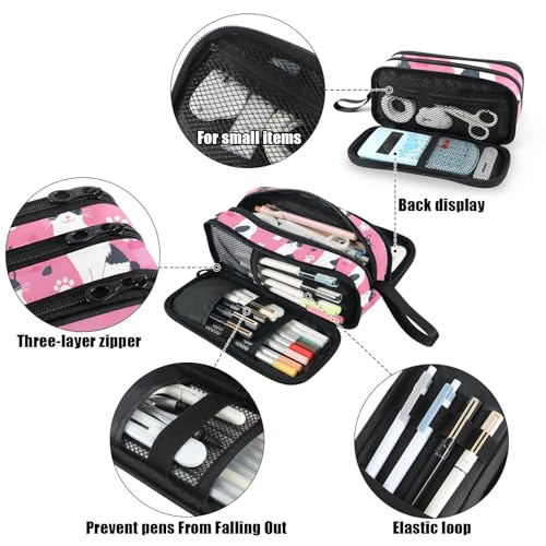 Image of Fustylead Cute Japanese Shorttail Cat and Paw Print on Pink Background Pencil Pen Case with 3 Compartments, Lightweight & Spacious Stationery Bag Cosmetics Bag