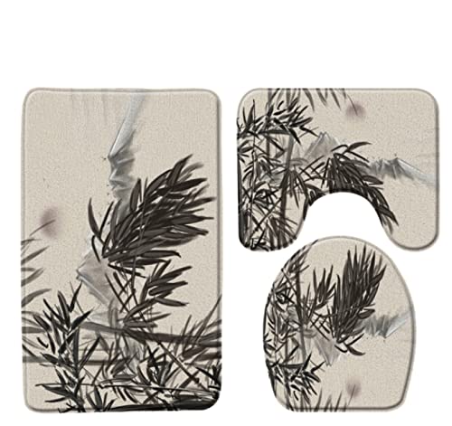 3 Teilig Badematte Set Bambus 3D Badematten Set rutschfest, Badezimmerteppich,U-förmiger WC-Vorleger,WC-Deckelbezug für…