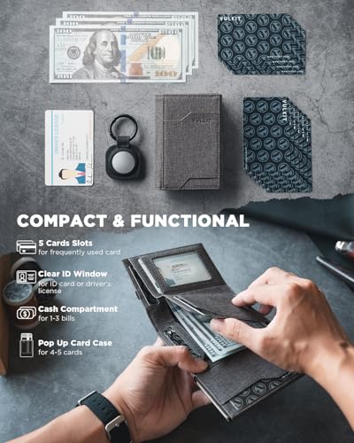 Image of VULKIT Aluminium Pop Up Card Wallet With Airtag Holder Rfid Blocking Credit Card Holder With Banknote Compartment & Id Window, Grey, Minimalist