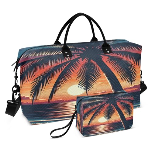 ​​Large Foldable Travel Duffel Bag, Waterproof Gym Bag for Men & Women, Carry-On Luggage Weekender Overnight Bag, Tropical Sunset Palm