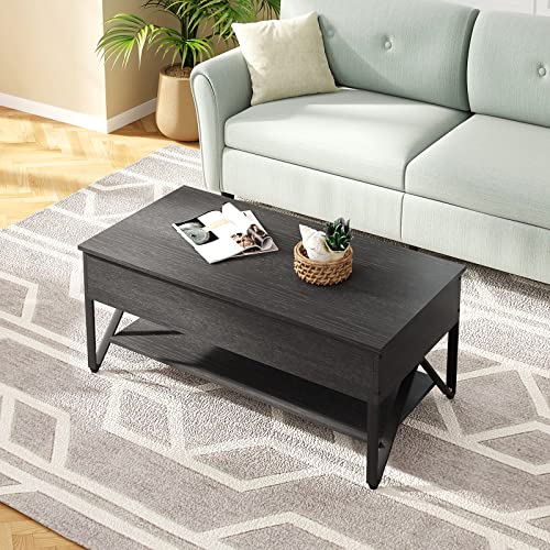 Novilla Table Basse de Salon avec Plateau Relevable, Compartiment Caché, Grande Capacité de Rangement, Table de Salon et Salle à Manger, Design en W, Style Industriel, Métal, 102×52×42cm, Noir - Image 3