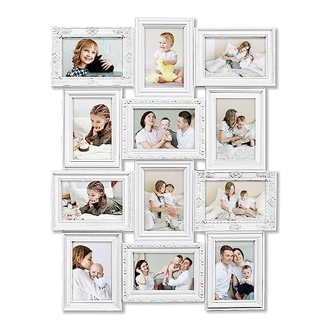 HELLO LAURA - Photo Collage Frames for Wall White Curved Classic European Style 12 Opening 27" x 20.5" Wall Hanging Picture Frame Collage 4" x 6" Photo Sockets x 12 | Gallery Style Cover