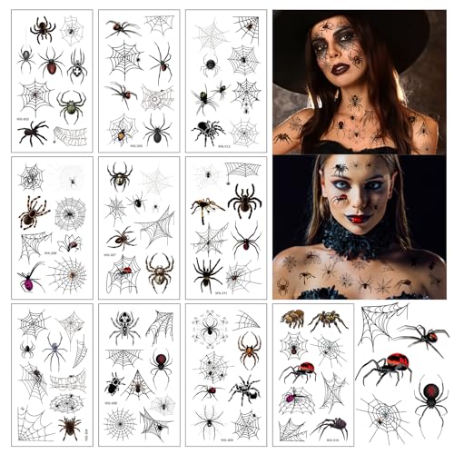 Tatuagens temporárias aranhas Halloween, 10 folhas tatuagens temporárias aranhas, tatuagens teias autocolantes, para crianças adultos Halloween cosplay maquilhagem decorações de festa