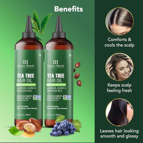 Image of Botanic Hearth Tea Tree Oil for Hair | With Argan, Jojoba & Grapeseed Oils | Soothes Itchy Scalp & Fights Dandruff | Non GMO Verified | 6.7 fl oz, Pack of 2