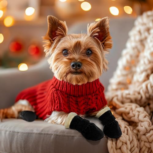 AIEDECOPT 4 Stück Hundeschuhe Pfotenschutz, Hundeschuhe Winter Anti Rutsch, Schneestiefel Hunde, Plüsch Hundestiefel für Kleine und Mittlere Hunden Outdoor-Aktivitäten (Schwarz, S)