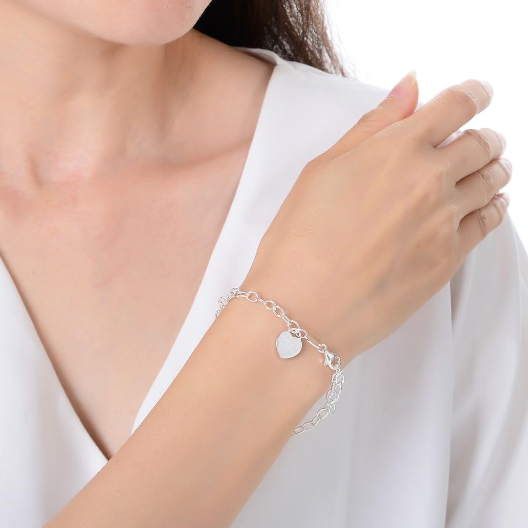 Adabele Solid Sterling Silver 18K White Gold Heart Link Charm Chain Bracelet 7 7.5 8 Inch Tarnish Resistant Hypoallergenic Nickel Free Women Jewelry
