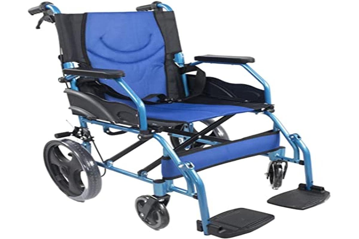 Mobiclinic, Sedia a rotelle da transito, Pirámide, Carrozzina pieghevole, Alluminio, Freno sulle maniglie, Per anziani, Poggiapiedi, Braccioli, Marchio ce, Leggera, Seduta 46 cm, Blu