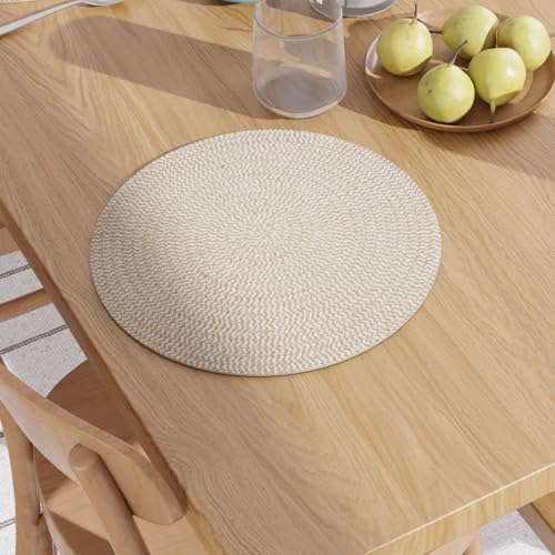 Image of Dining Table Mats Set of 2 | Cotton Table Mat 32 cm Diameter, Encasa XO Washable Round Table Mats, Heat Resistance Dining Table Placemats, Handmade Ribbed Style for Centre Table, Beige & Off White Mix